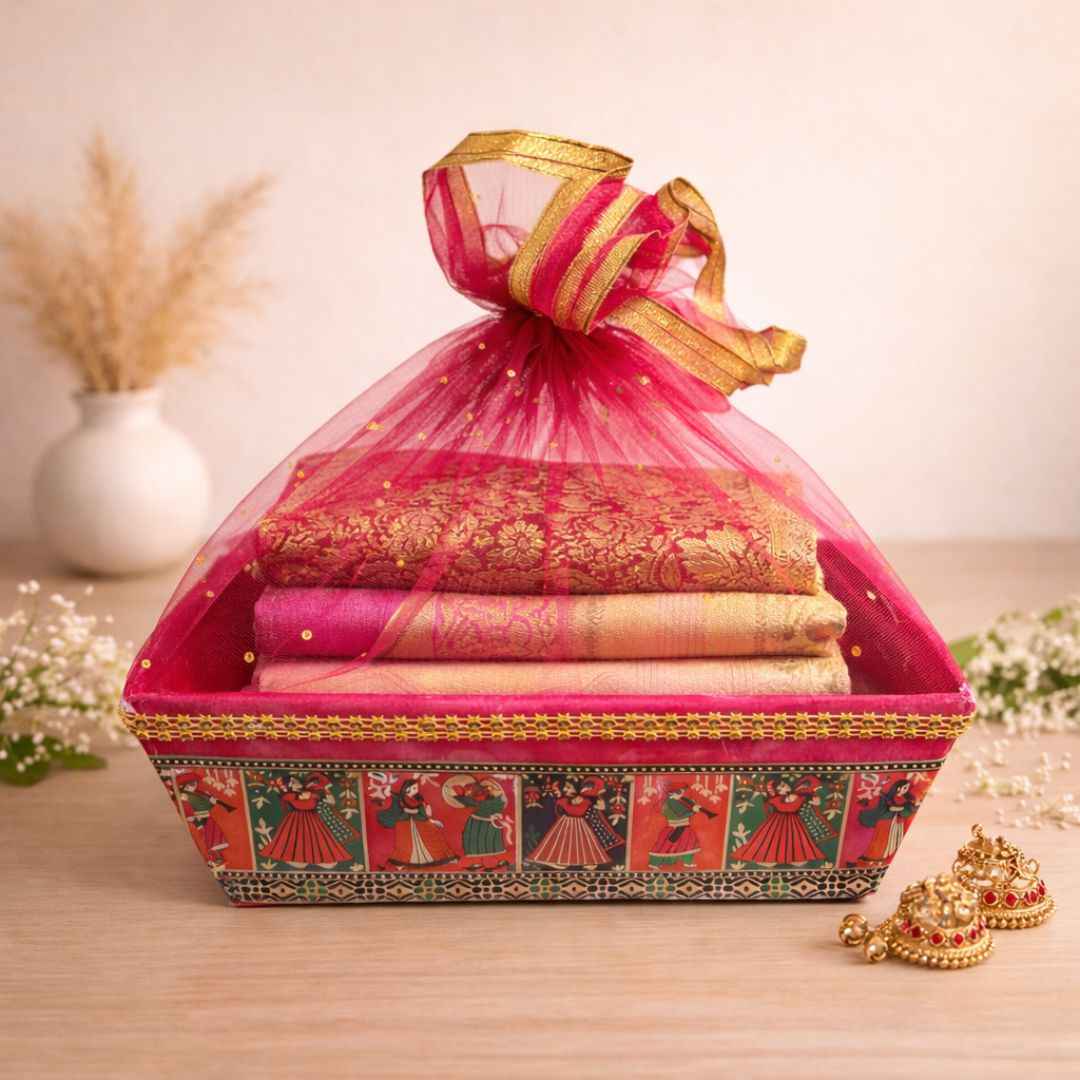 (Pack of 10)Premium Red Net Gift Tray with Folk Art Base – | Wedding Trousseau & Festive Hamper Tray