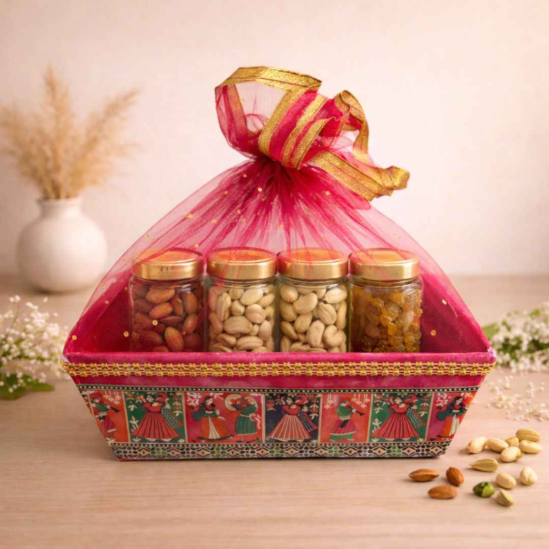 (Pack of 10)Premium Red Net Gift Tray with Folk Art Base – | Wedding Trousseau & Festive Hamper Tray