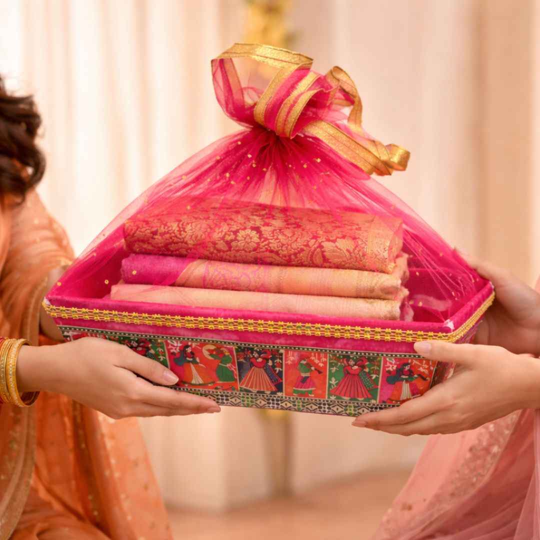 (Pack of 10)Premium Red Net Gift Tray with Folk Art Base – | Wedding Trousseau & Festive Hamper Tray