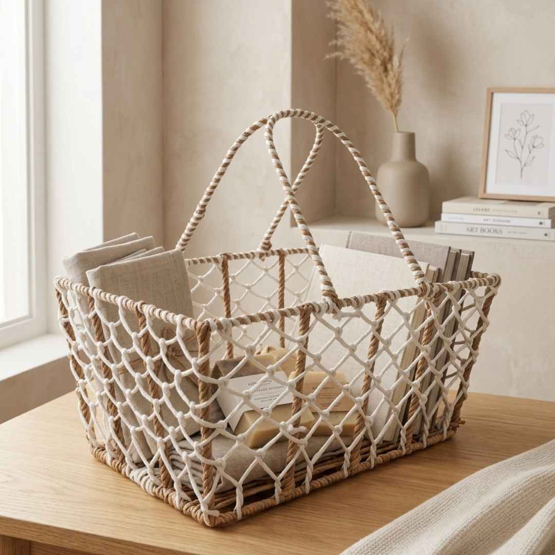 (Set of 3)Premium Rope Net Gift Basket with Handle – Decorative Hamper Baskets for Wedding & Festive Gifting