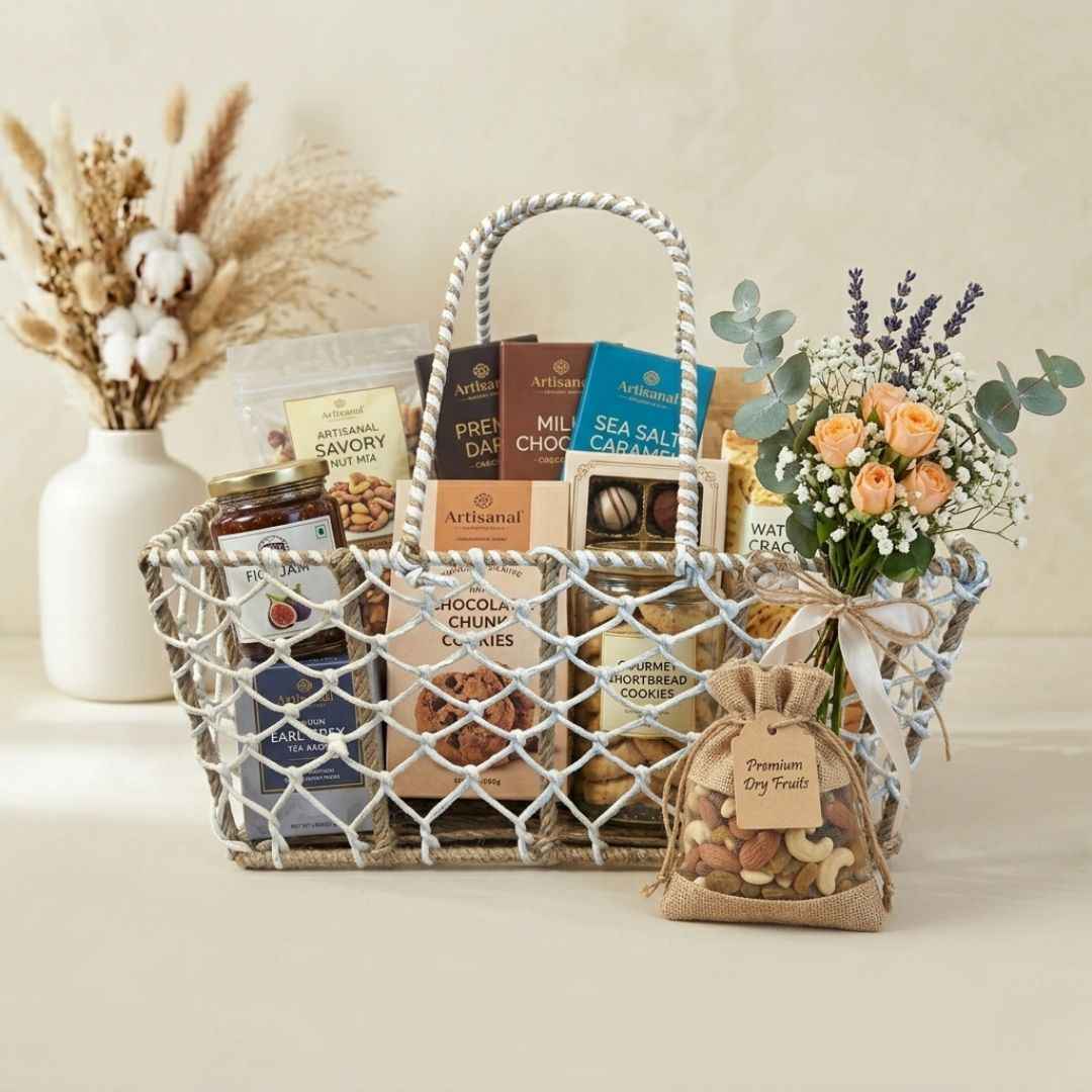 (Set of 3)Premium Rope Net Gift Basket with Handle – Decorative Hamper Baskets for Wedding & Festive Gifting
