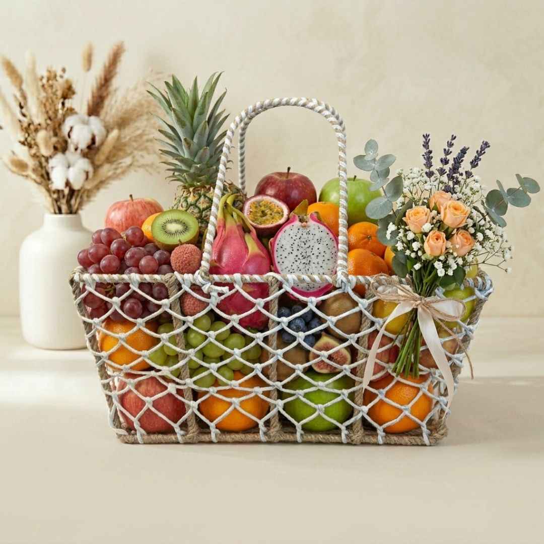(Set of 3)Premium Rope Net Gift Basket with Handle – Decorative Hamper Baskets for Wedding & Festive Gifting