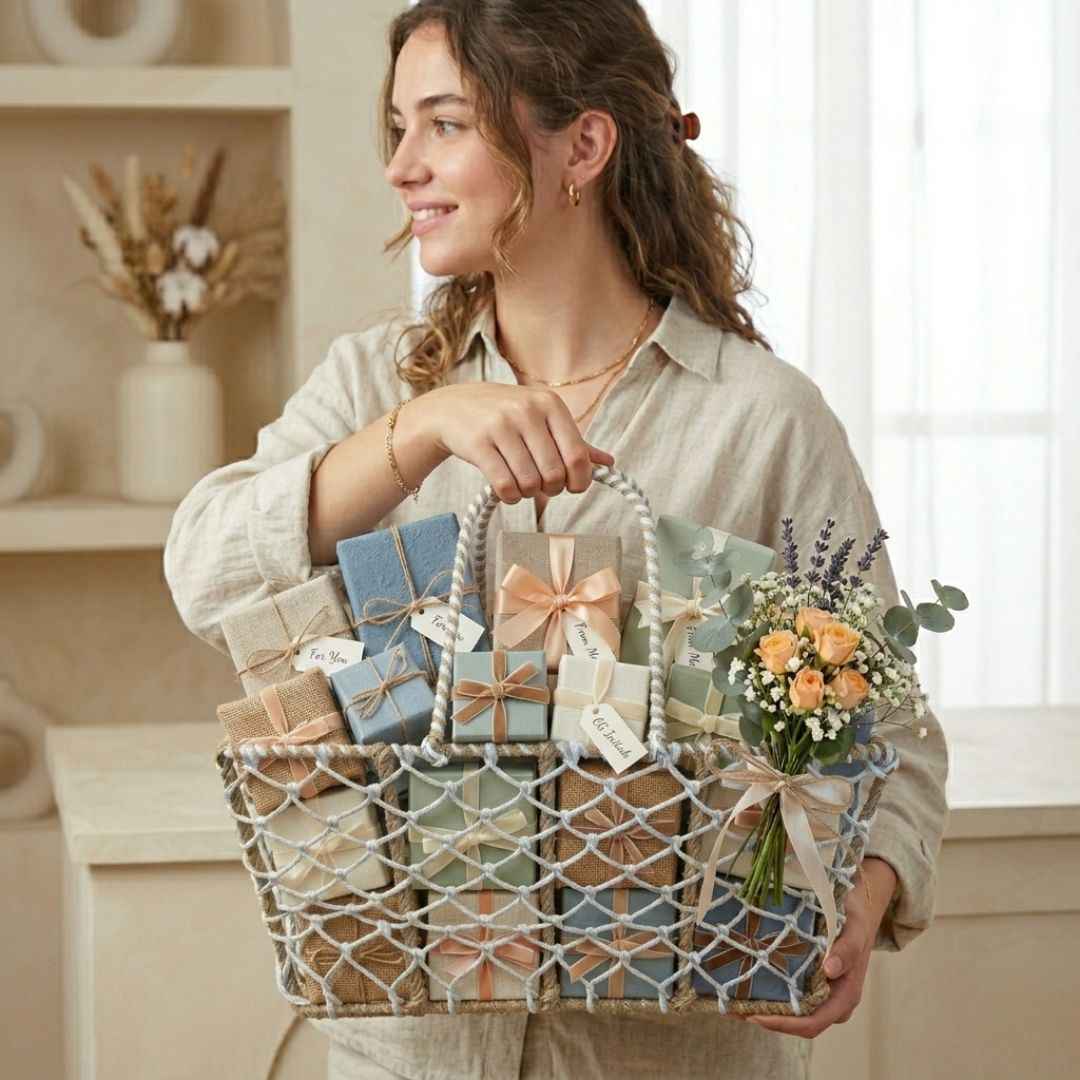 (Set of 3)Premium Rope Net Gift Basket with Handle – Decorative Hamper Baskets for Wedding & Festive Gifting