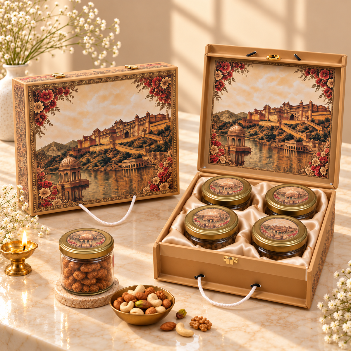 Open Royal Golden Fort and Palace Landscape 4-jar gift box for dry fruits, sweets, chocolates and festive gifting