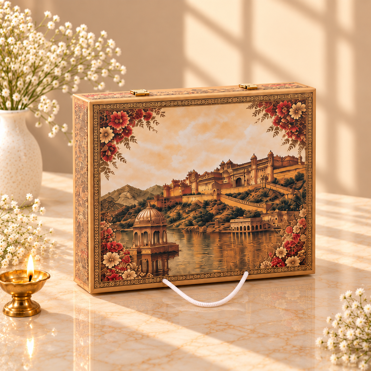 Premium Royal Golden Fort and Palace Landscape gift box for Diwali, wedding and corporate gifting