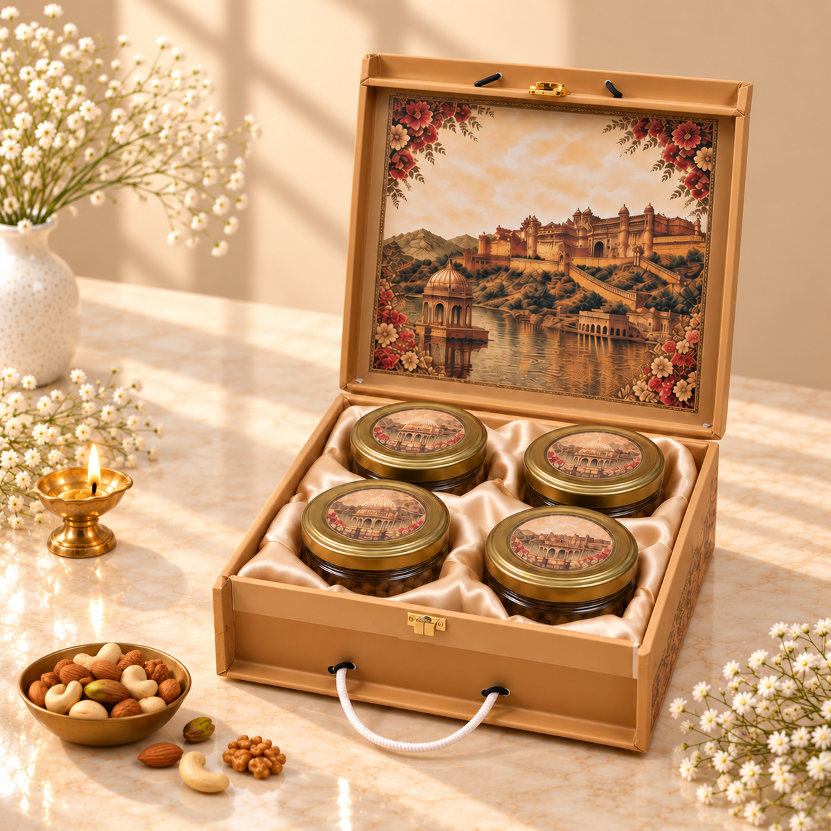 Royal Golden Fort and Palace Landscape 4-jar luxury dry fruit gift box for Diwali, weddings and corporate gifting