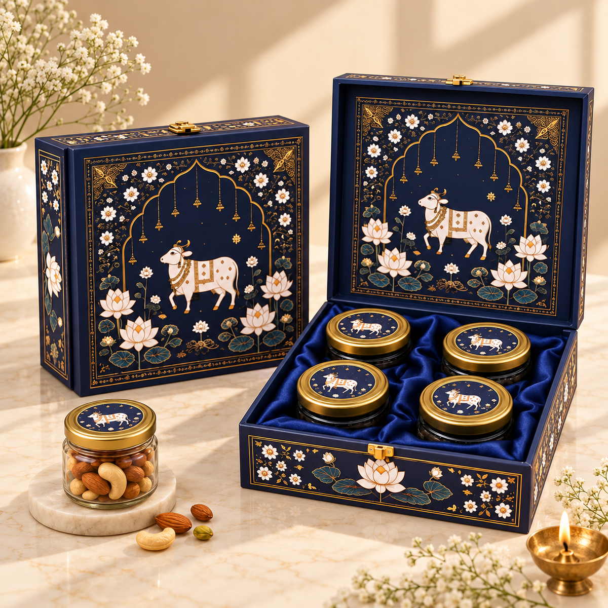 Open Midnight Blue Pichwai Lotus and Cow 4-jar gift box for dry fruits, sweets and festive gifting