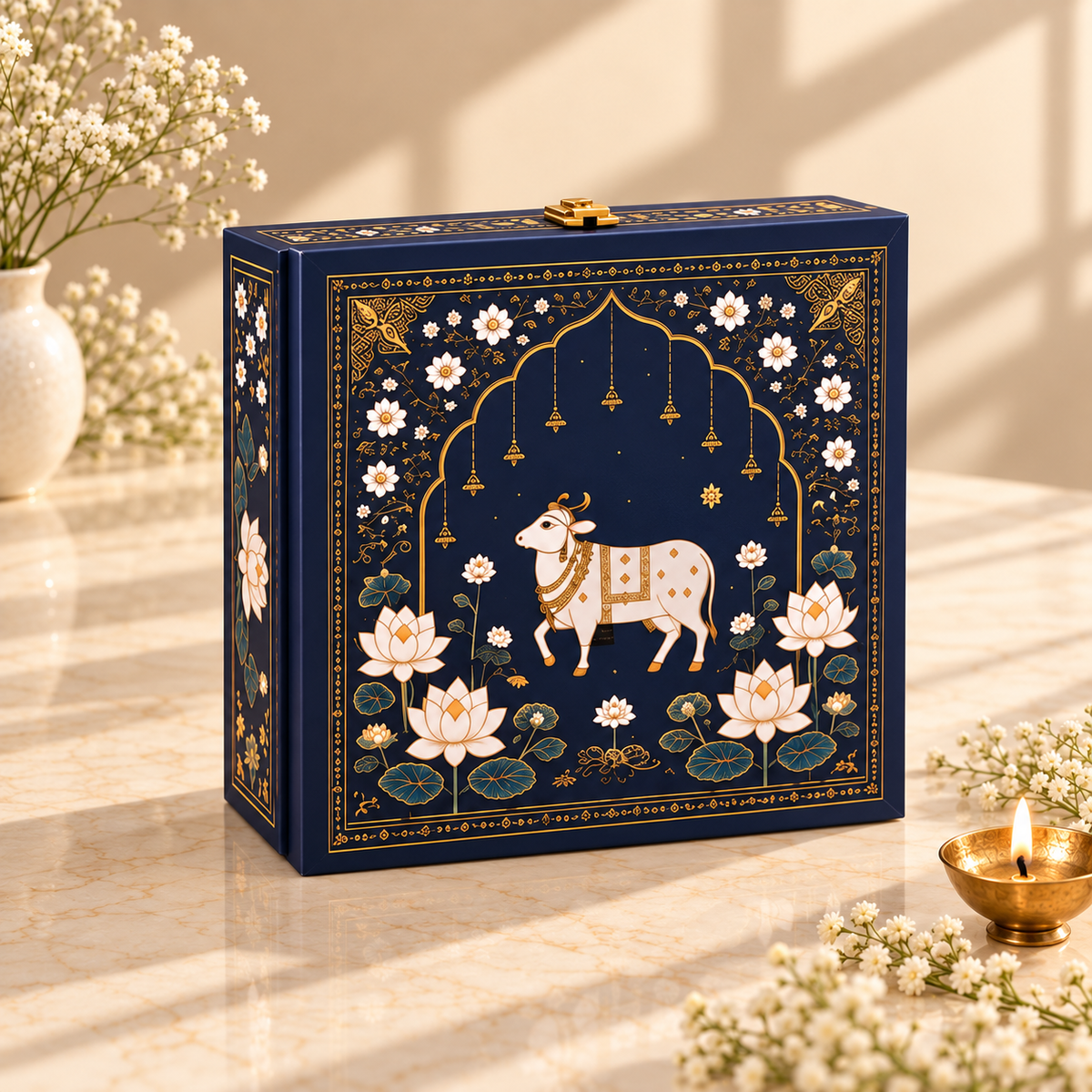 Premium Midnight Blue Pichwai Lotus and Cow gift box for Diwali, wedding and corporate gifting
