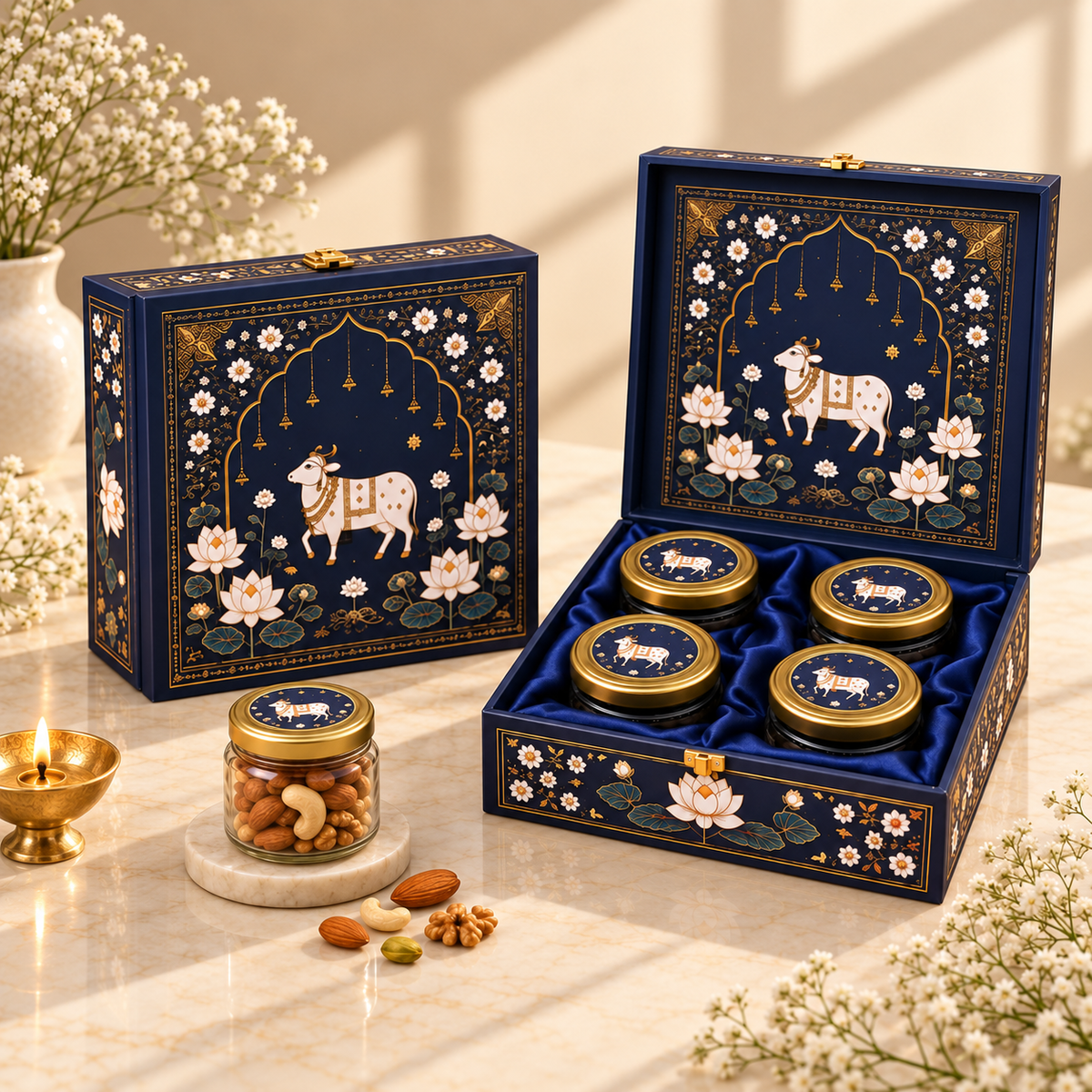 Midnight Blue Pichwai Lotus and Cow gift box with four jars for dry fruits, nuts, sweets, mukhwas and chocolates