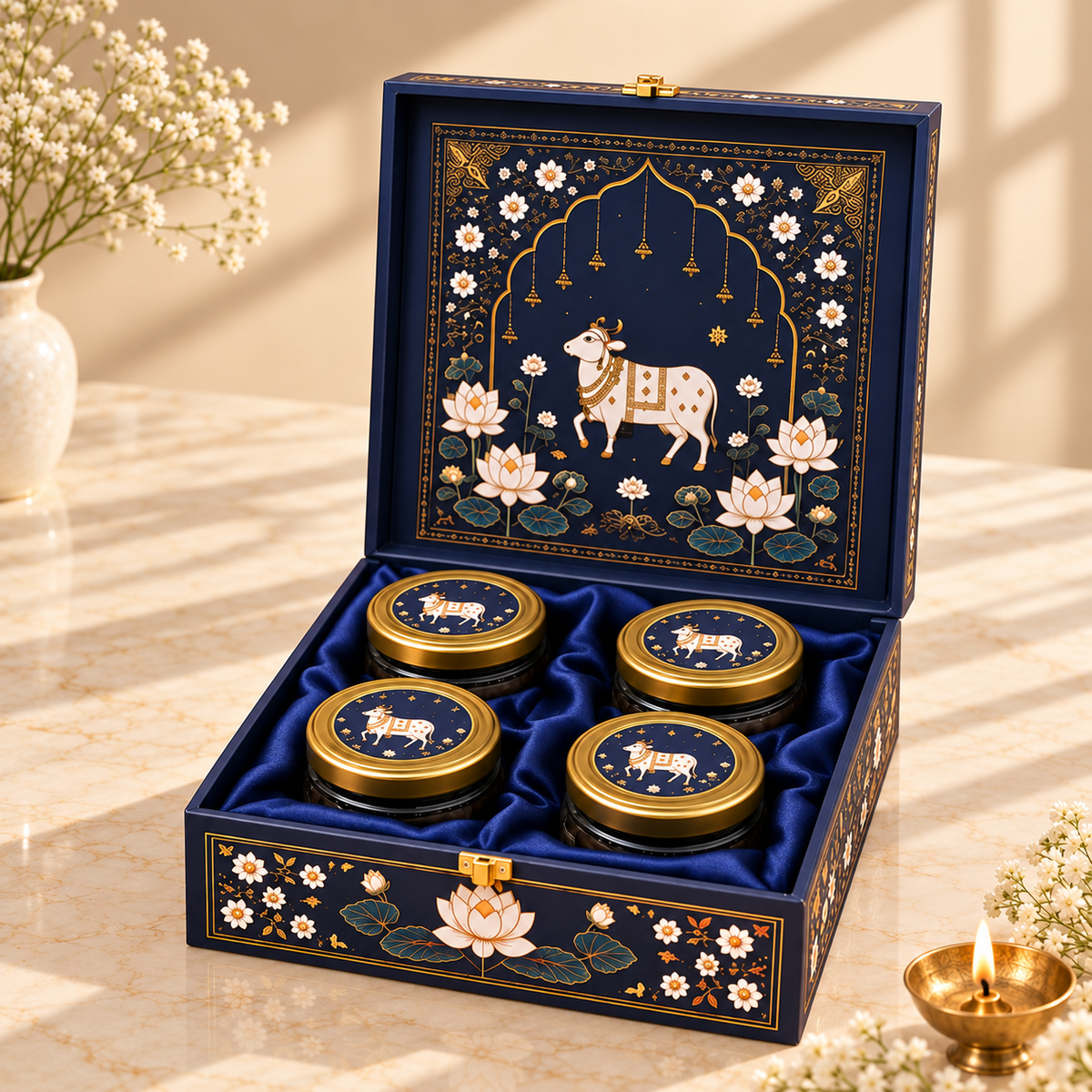 Royal Midnight Blue Pichwai Lotus and Cow 4-jar luxury dry fruit gift box for Diwali, weddings and corporate gifting