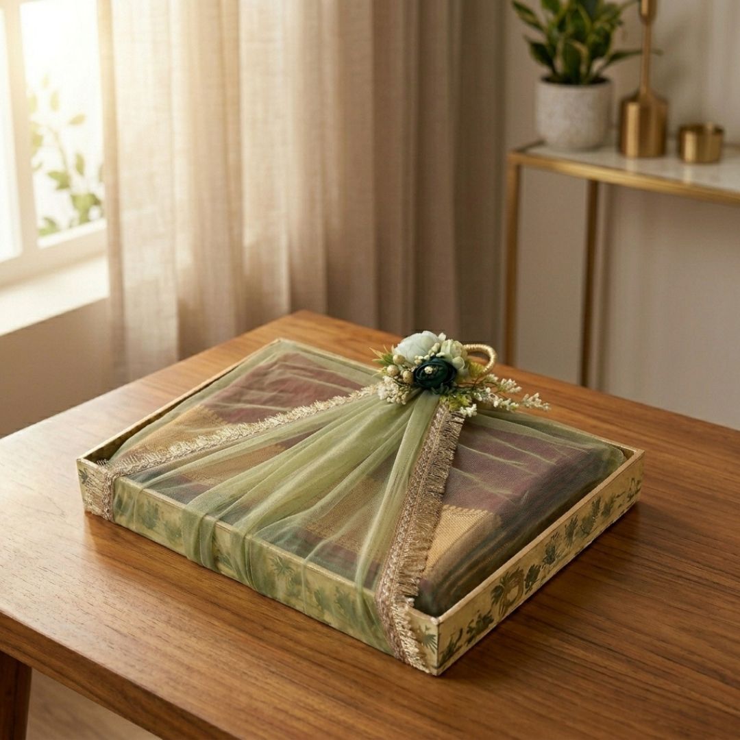 Set of 3 Premium Ready-to-Use Gifting Trays with Green Net & Floral Decor – Luxury Wedding Trousseau & Return Gift Packaging Tray