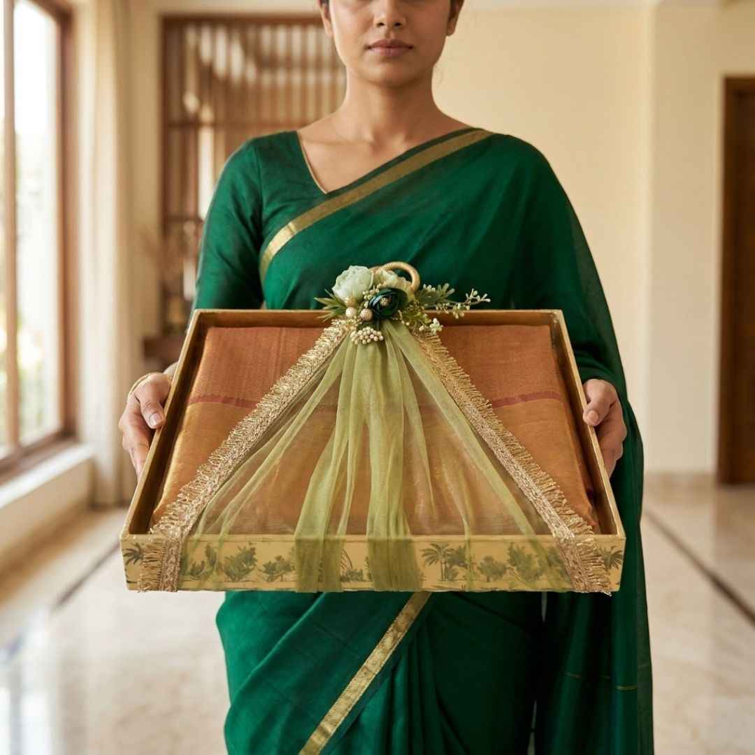 (Set of 3)Premium Ready-to-Use Gifting Trays with Green Net & Floral Decor – Luxury Wedding Trousseau & Return Gift Packaging Tray