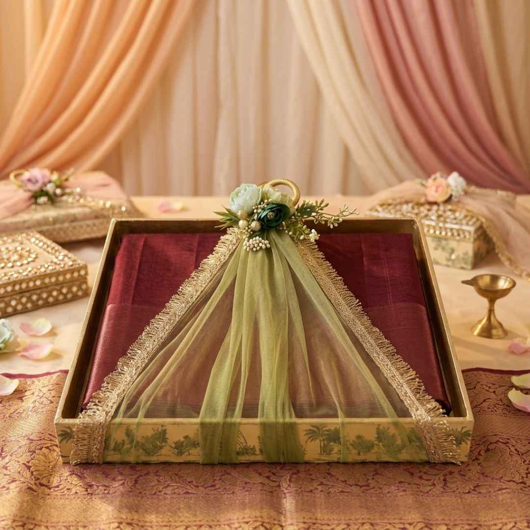 (Set of 3)Premium Ready-to-Use Gifting Trays with Green Net & Floral Decor – Luxury Wedding Trousseau & Return Gift Packaging Tray