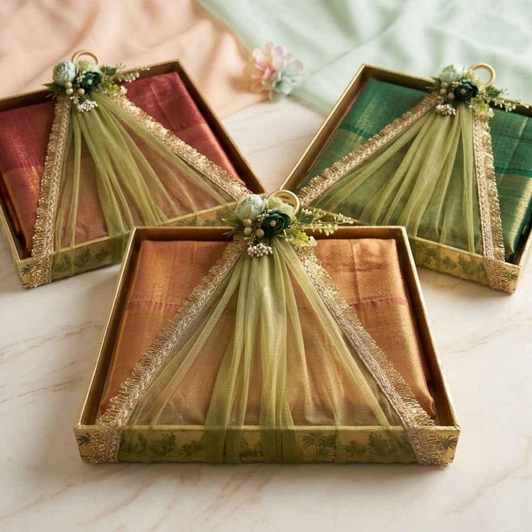 (Set of 3)Premium Ready-to-Use Gifting Trays with Green Net & Floral Decor – Luxury Wedding Trousseau & Return Gift Packaging Tray