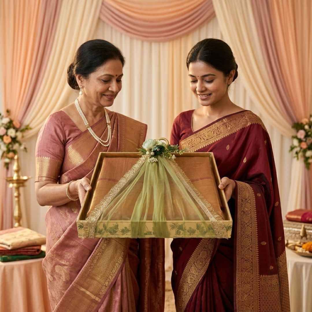(Set of 3)Premium Ready-to-Use Gifting Trays with Green Net & Floral Decor – Luxury Wedding Trousseau & Return Gift Packaging Tray