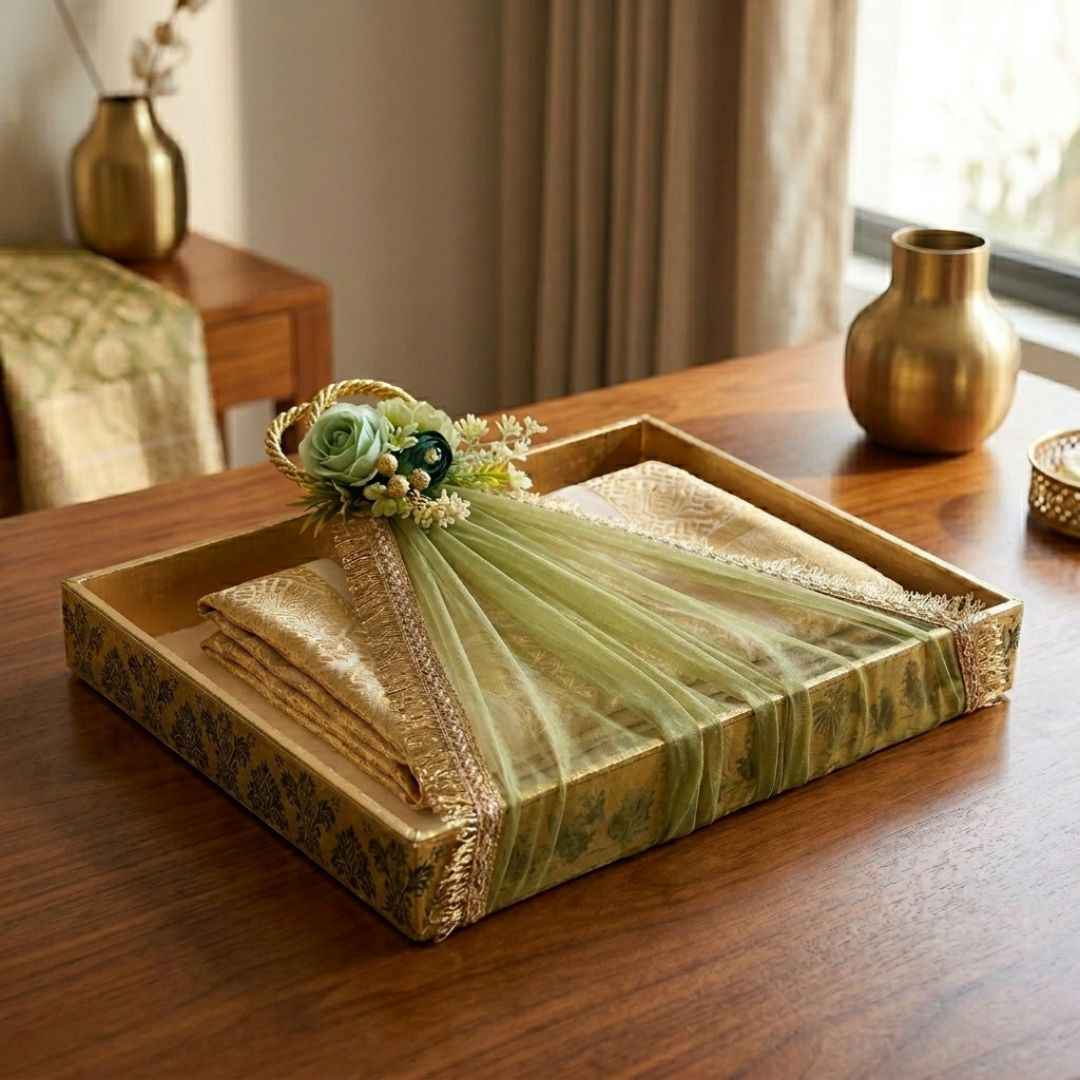 (Set of 3)Premium Ready-to-Use Gifting Trays with Green Net & Floral Decor – Luxury Wedding Trousseau & Return Gift Packaging Tray