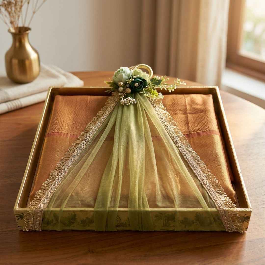 (Set of 3)Premium Ready-to-Use Gifting Trays with Green Net & Floral Decor – Luxury Wedding Trousseau & Return Gift Packaging Tray