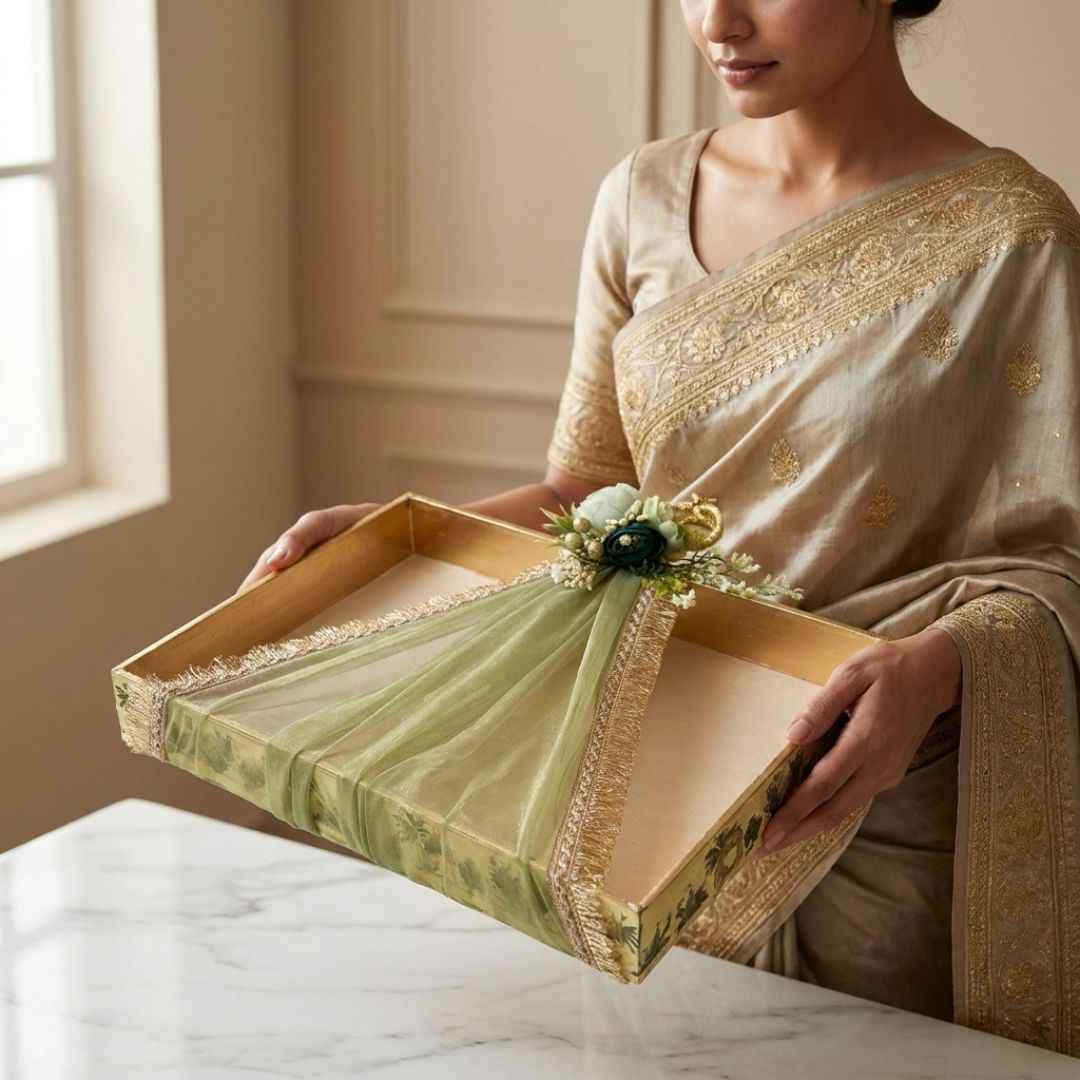 (Set of 3)Premium Ready-to-Use Gifting Trays with Green Net & Floral Decor – Luxury Wedding Trousseau & Return Gift Packaging Tray