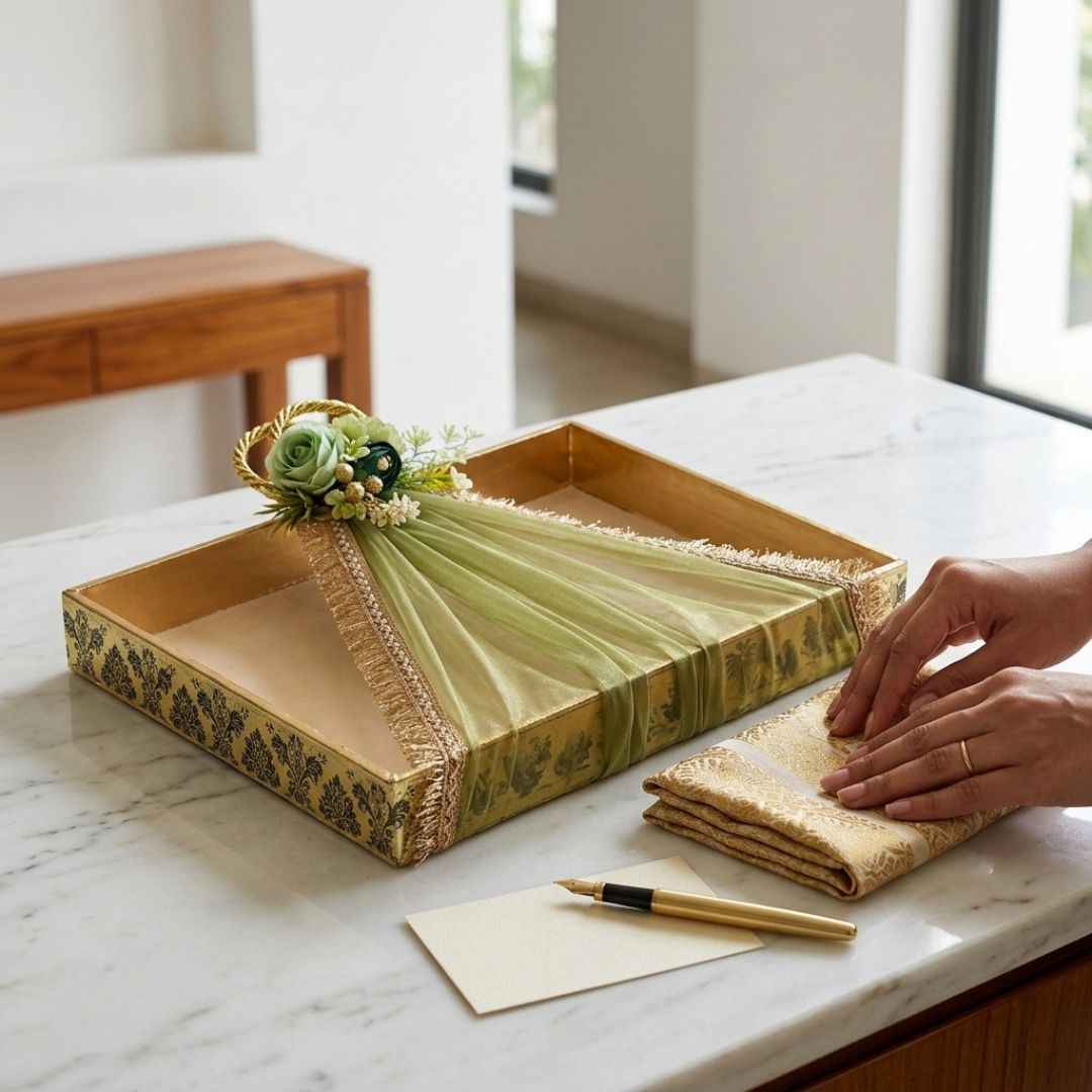 (Set of 3)Premium Ready-to-Use Gifting Trays with Green Net & Floral Decor – Luxury Wedding Trousseau & Return Gift Packaging Tray