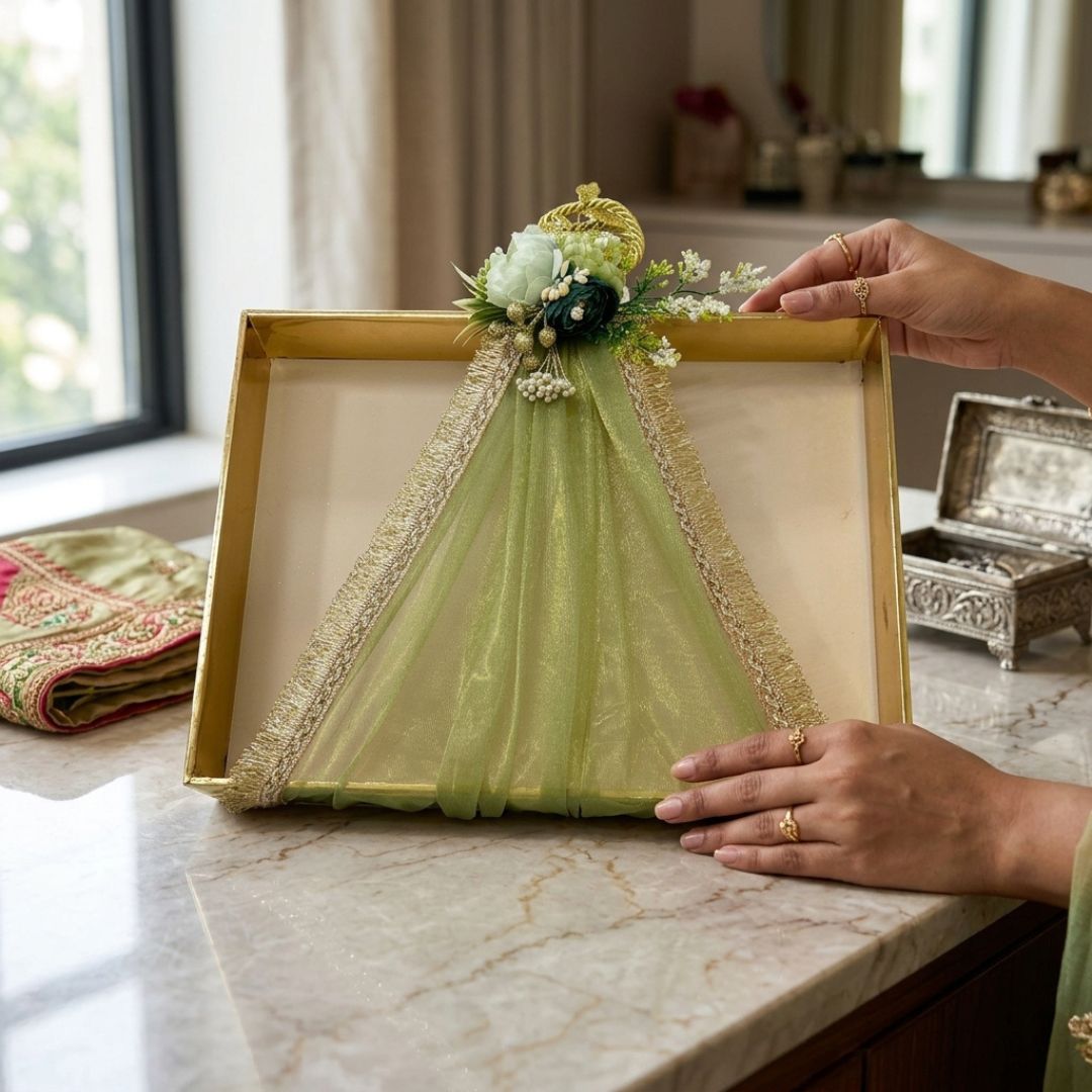 Set of 3 Premium Ready-to-Use Gifting Trays with Green Net & Floral Decor – Luxury Wedding Trousseau & Return Gift Packaging Tray