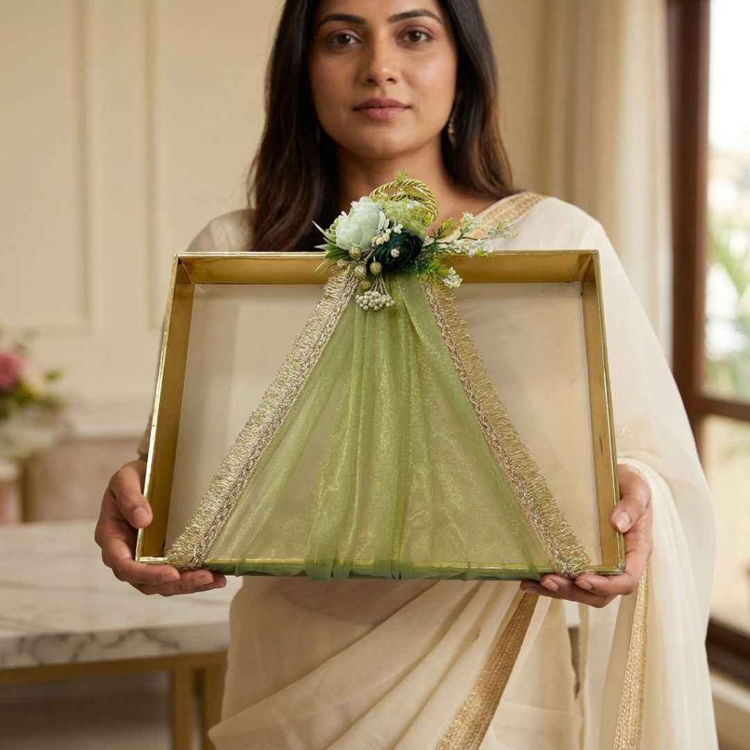 (Set of 3)Premium Ready-to-Use Gifting Trays with Green Net & Floral Decor – Luxury Wedding Trousseau & Return Gift Packaging Tray