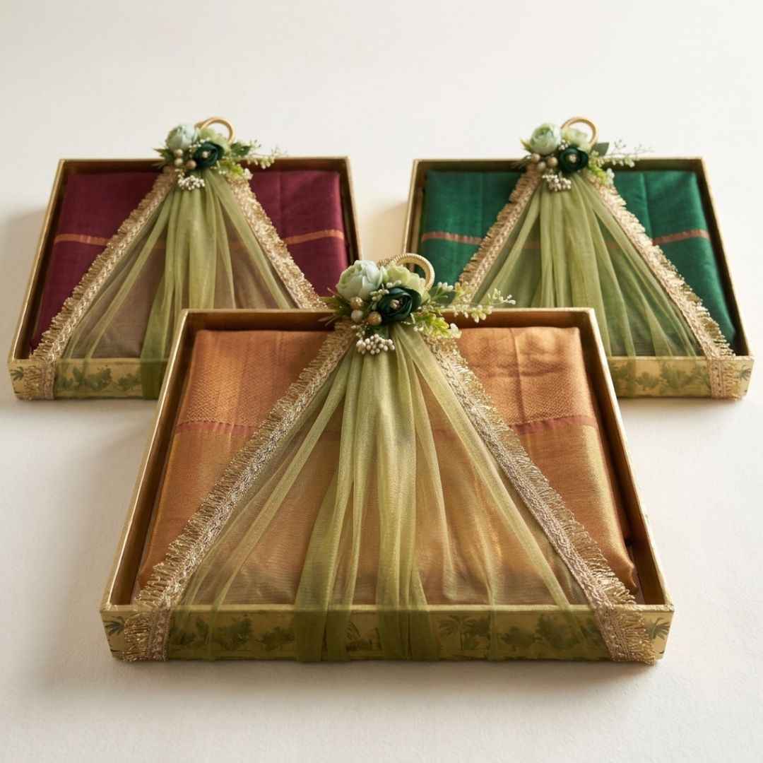 (Set of 3)Premium Ready-to-Use Gifting Trays with Green Net & Floral Decor – Luxury Wedding Trousseau & Return Gift Packaging Tray