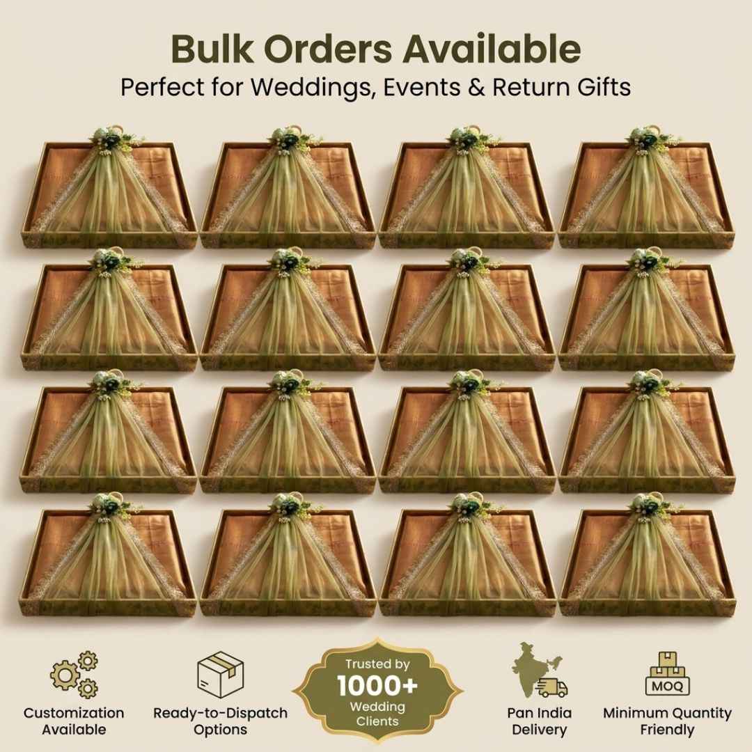 (Set of 3)Premium Ready-to-Use Gifting Trays with Green Net & Floral Decor – Luxury Wedding Trousseau & Return Gift Packaging Tray