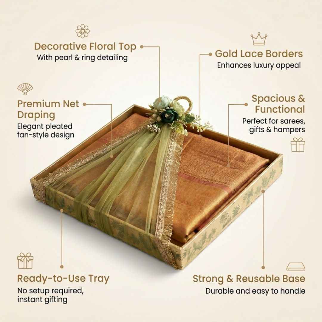 (Set of 3)Premium Ready-to-Use Gifting Trays with Green Net & Floral Decor – Luxury Wedding Trousseau & Return Gift Packaging Tray