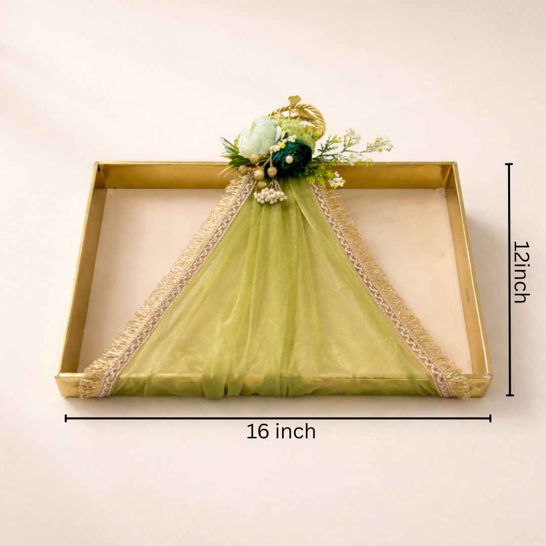 (Set of 3)Premium Ready-to-Use Gifting Trays with Green Net & Floral Decor – Luxury Wedding Trousseau & Return Gift Packaging Tray