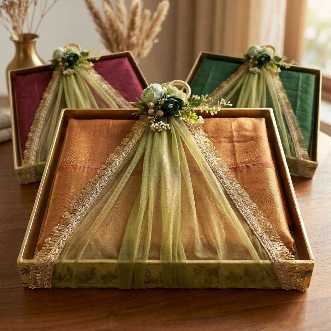 (Set of 3)Premium Ready-to-Use Gifting Trays with Green Net & Floral Decor – Luxury Wedding Trousseau & Return Gift Packaging Tray