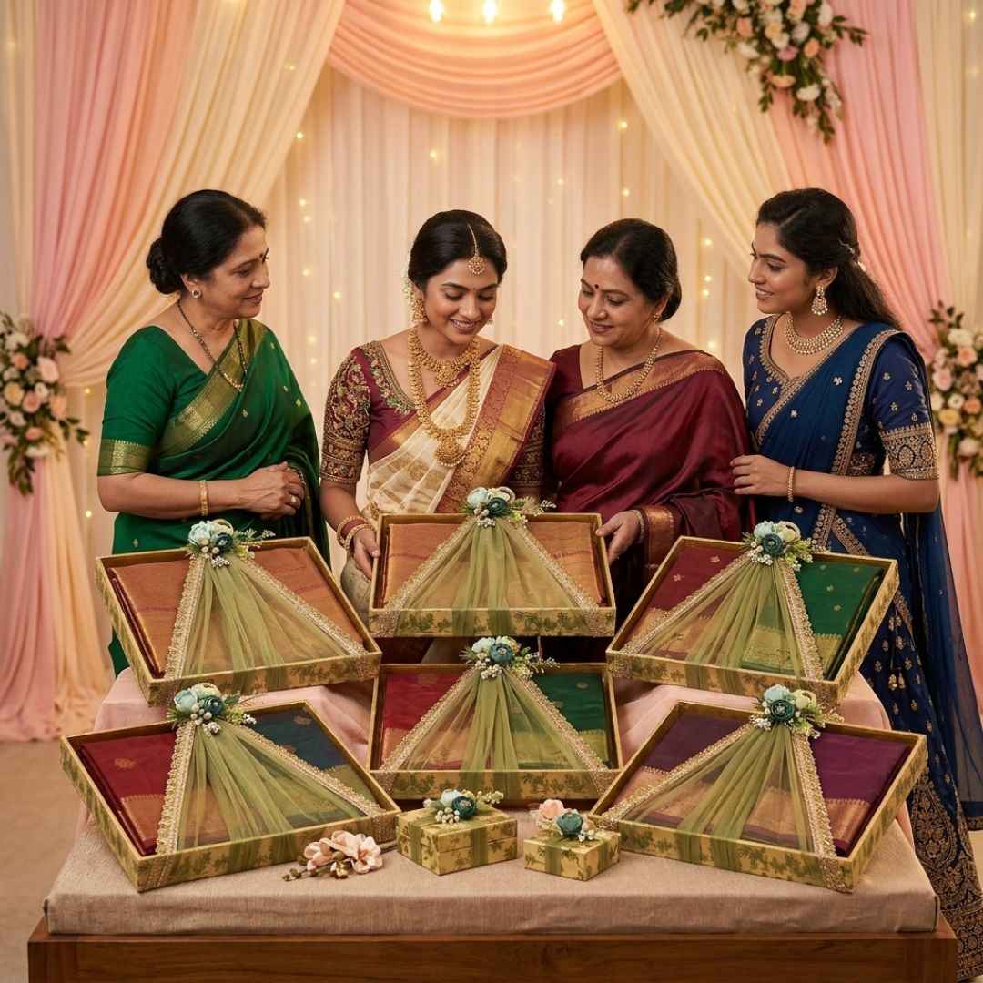 (Set of 3)Premium Ready-to-Use Gifting Trays with Green Net & Floral Decor – Luxury Wedding Trousseau & Return Gift Packaging Tray