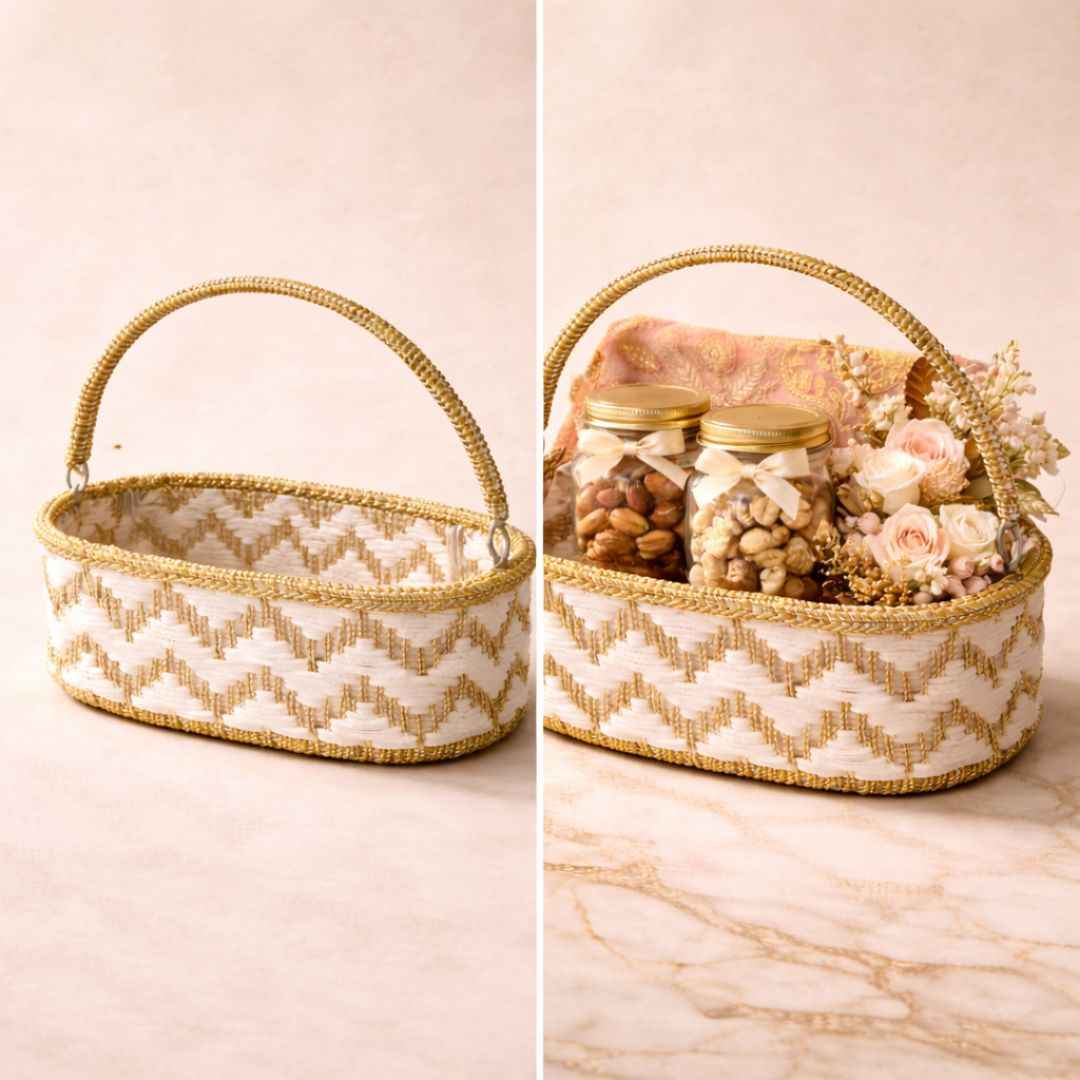 (Set of 3)Premium White & Gold Woven Gift Basket with Handle –  | Wedding Trousseau & Hamper Packing Basket