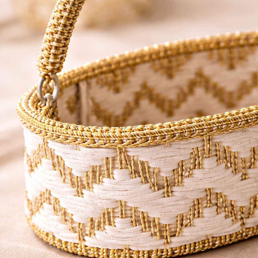 (Set of 3)Premium White & Gold Woven Gift Basket with Handle –  | Wedding Trousseau & Hamper Packing Basket