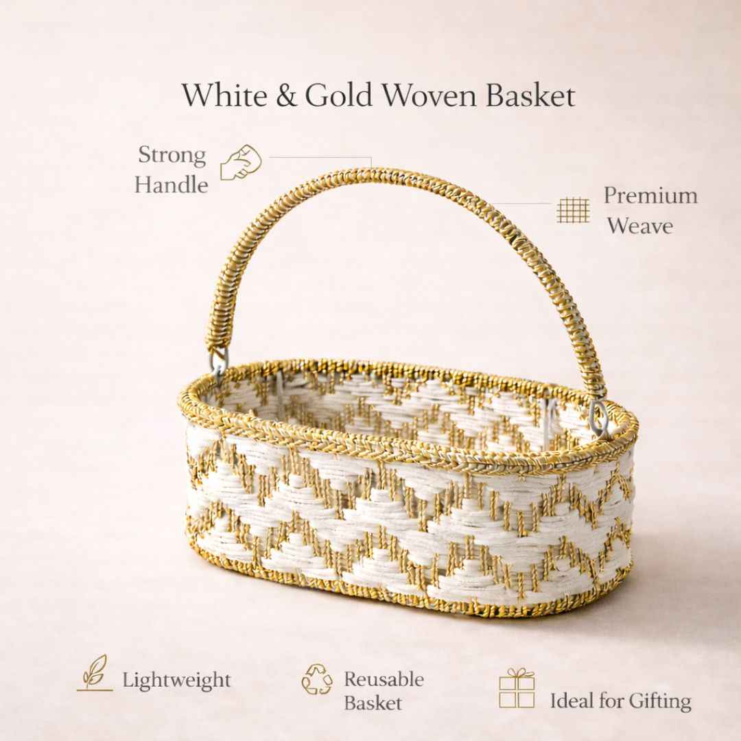 (Set of 3)Premium White & Gold Woven Gift Basket with Handle –  | Wedding Trousseau & Hamper Packing Basket
