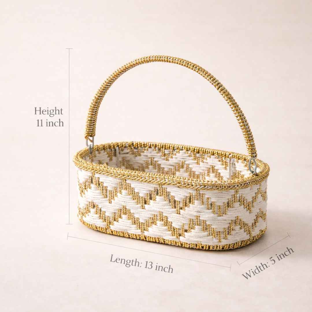 (Set of 3)Premium White & Gold Woven Gift Basket with Handle –  | Wedding Trousseau & Hamper Packing Basket