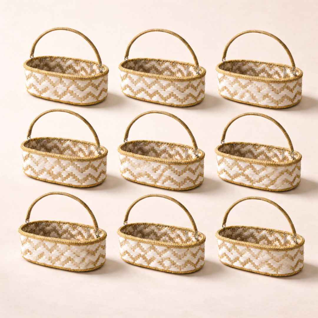 (Set of 3)Premium White & Gold Woven Gift Basket with Handle –  | Wedding Trousseau & Hamper Packing Basket