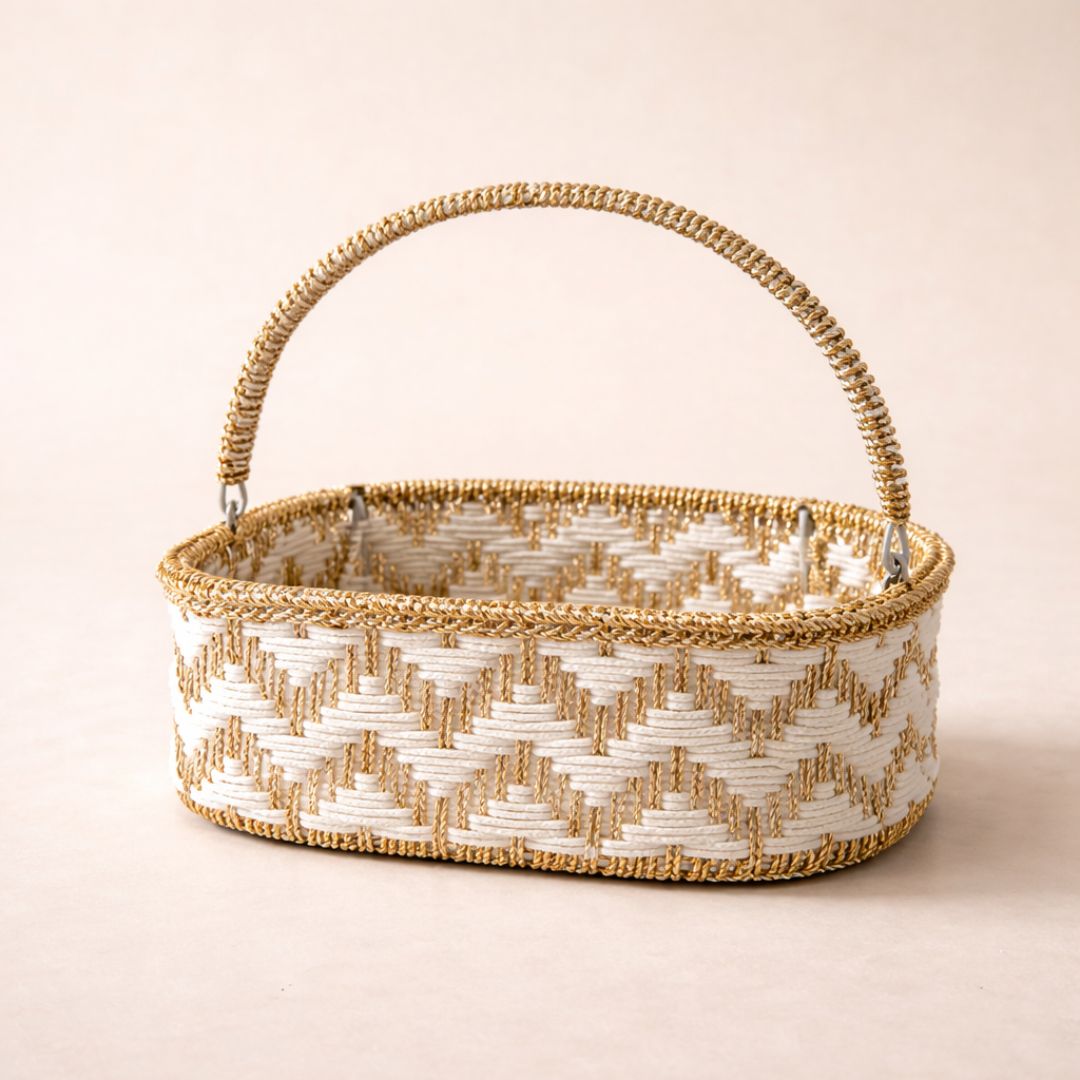 (Set of 3)Premium White & Gold Woven Gift Basket with Handle –  | Wedding Trousseau & Hamper Packing Basket