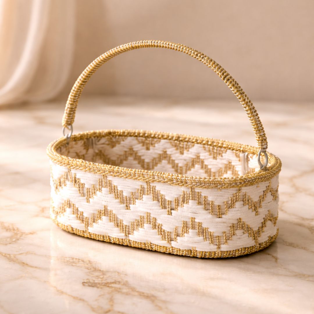 (Set of 3)Premium White & Gold Woven Gift Basket with Handle –  | Wedding Trousseau & Hamper Packing Basket