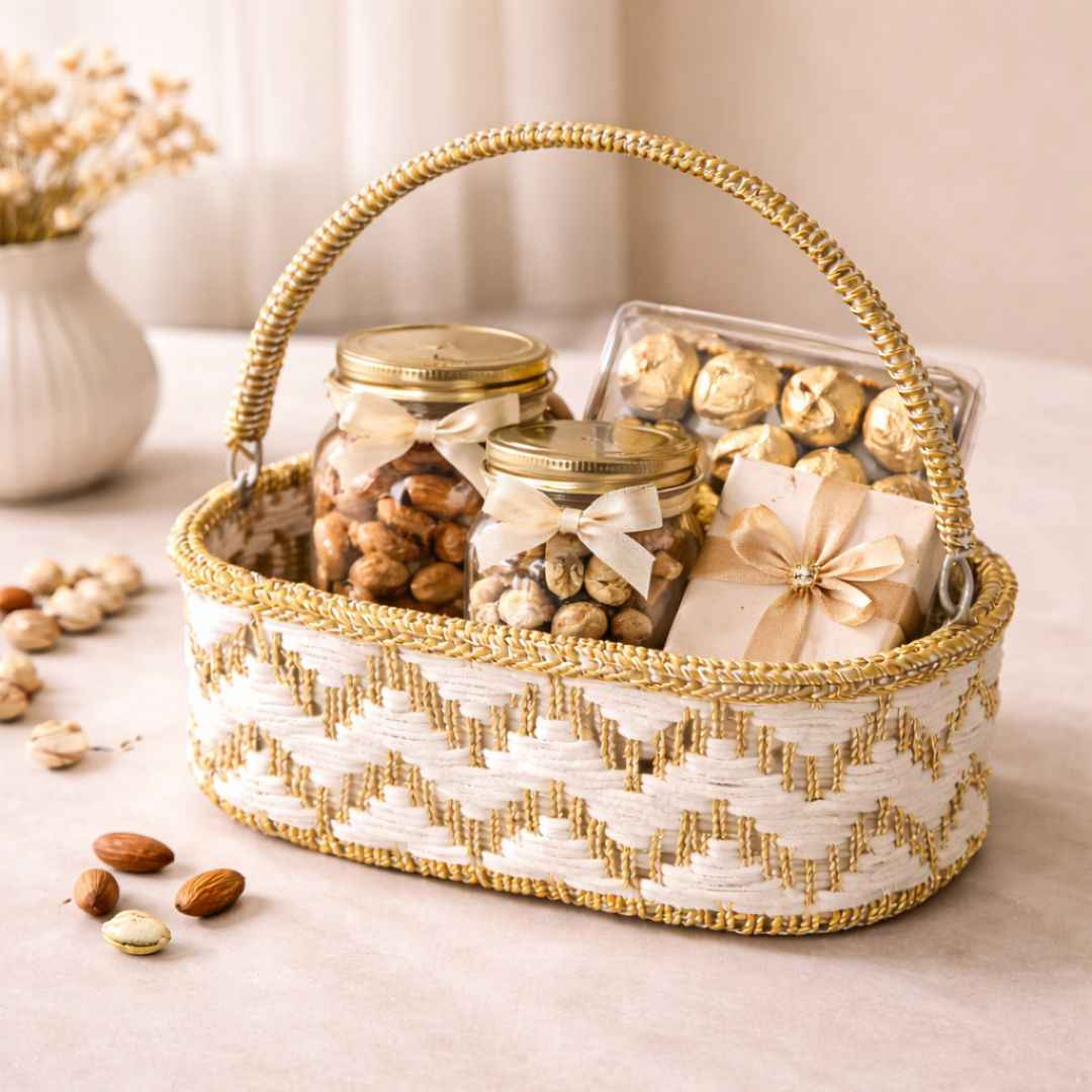 (Set of 3)Premium White & Gold Woven Gift Basket with Handle –  | Wedding Trousseau & Hamper Packing Basket