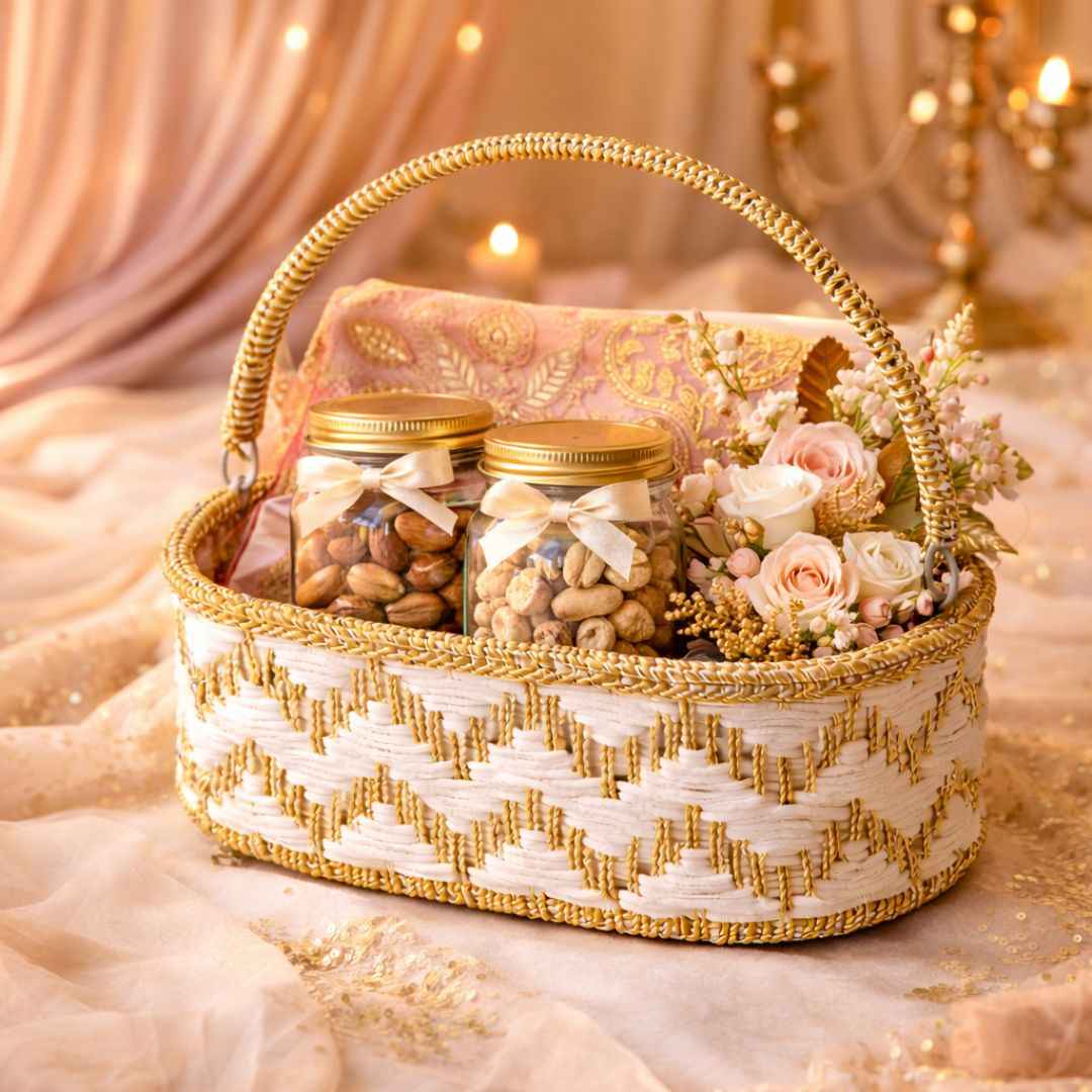 (Set of 3)Premium White & Gold Woven Gift Basket with Handle –  | Wedding Trousseau & Hamper Packing Basket