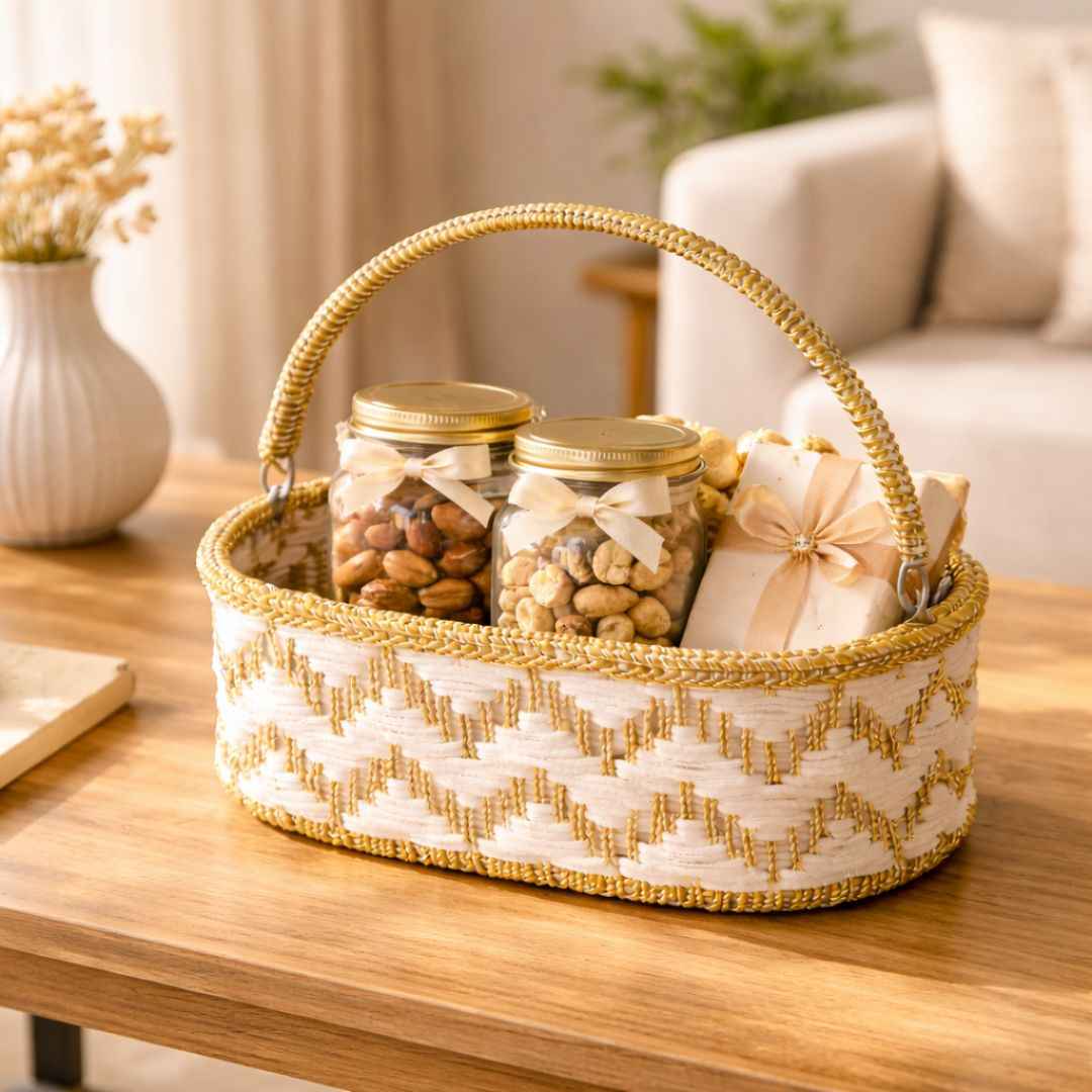 (Set of 3)Premium White & Gold Woven Gift Basket with Handle –  | Wedding Trousseau & Hamper Packing Basket