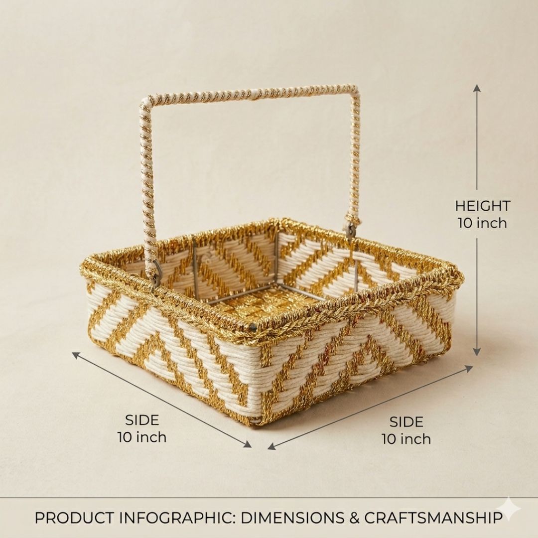 (Set of 3)Premium White & Gold Woven Handle – Luxury Gift Hamper & Trousseau Packing Basket