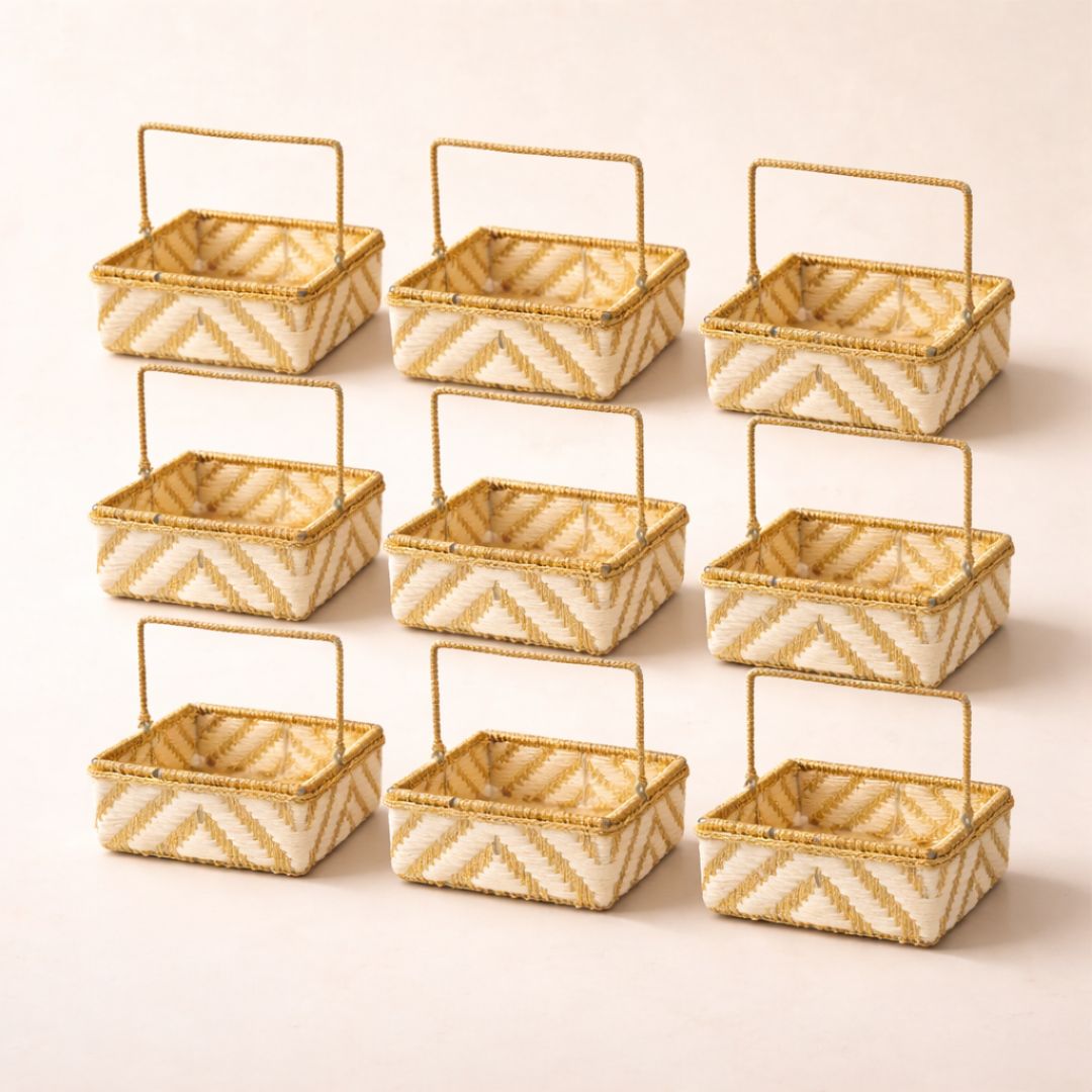 (Set of 3)Premium White & Gold Woven Handle – Luxury Gift Hamper & Trousseau Packing Basket