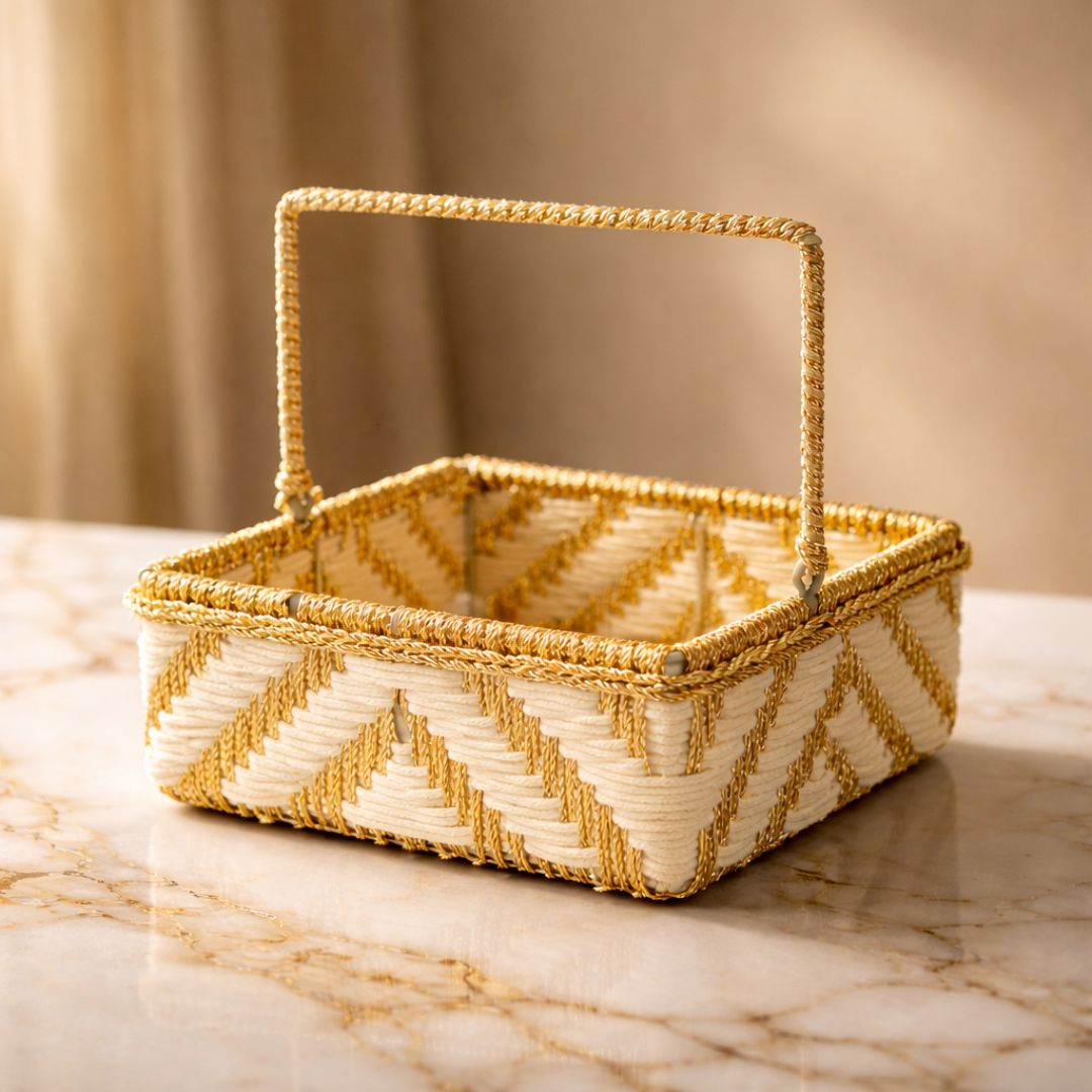 (Set of 3)Premium White & Gold Woven Handle – Luxury Gift Hamper & Trousseau Packing Basket