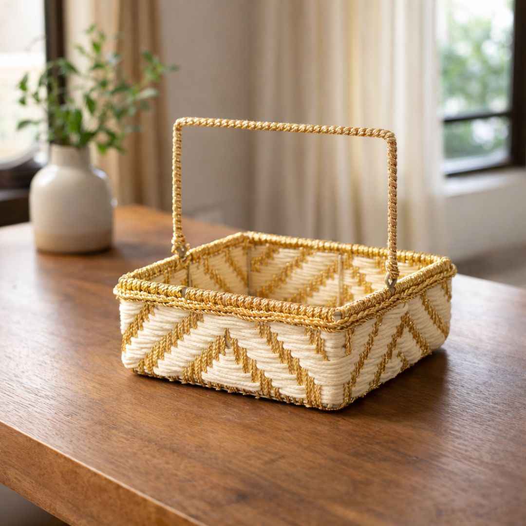 (Set of 3)Premium White & Gold Woven Handle – Luxury Gift Hamper & Trousseau Packing Basket