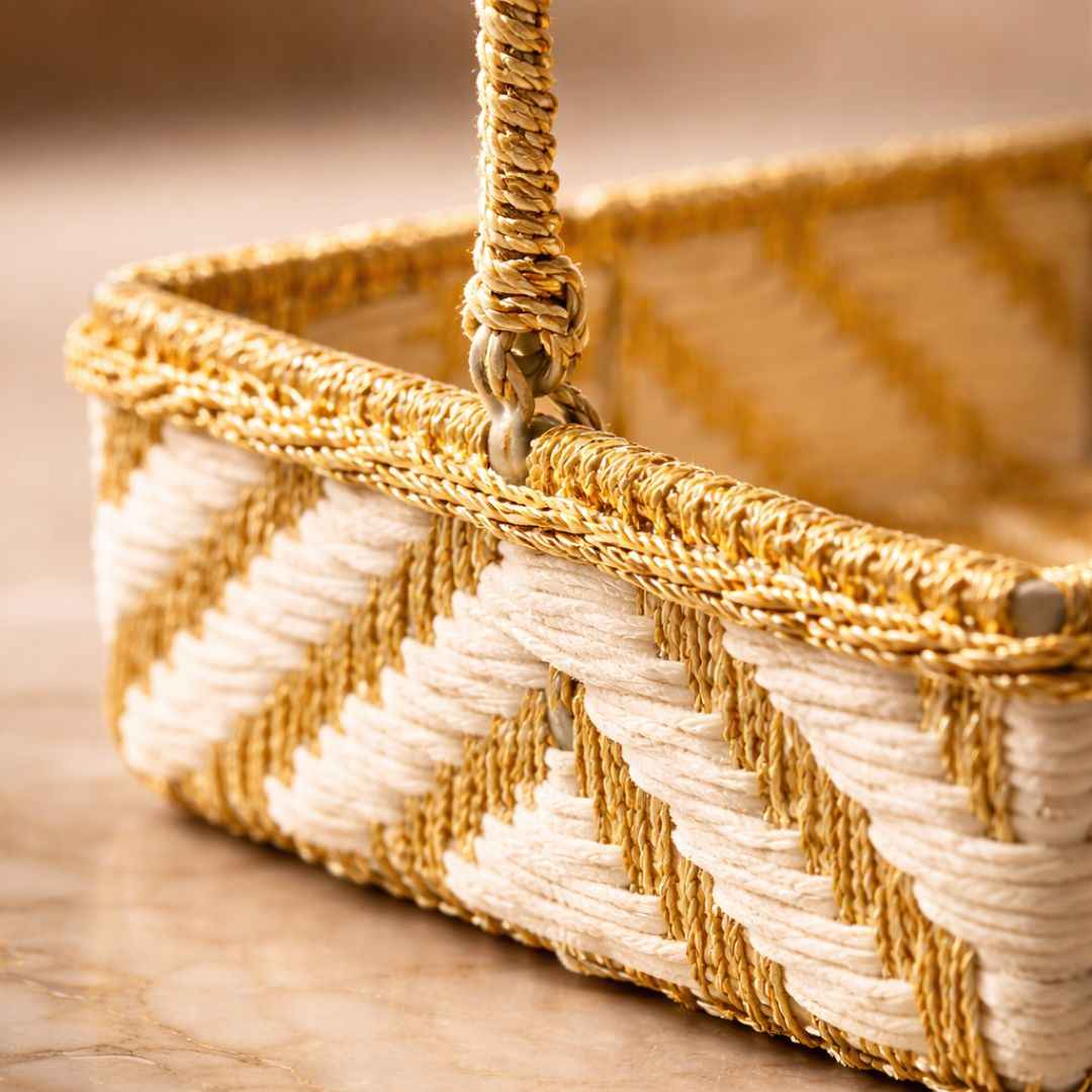 (Set of 3)Premium White & Gold Woven Handle – Luxury Gift Hamper & Trousseau Packing Basket