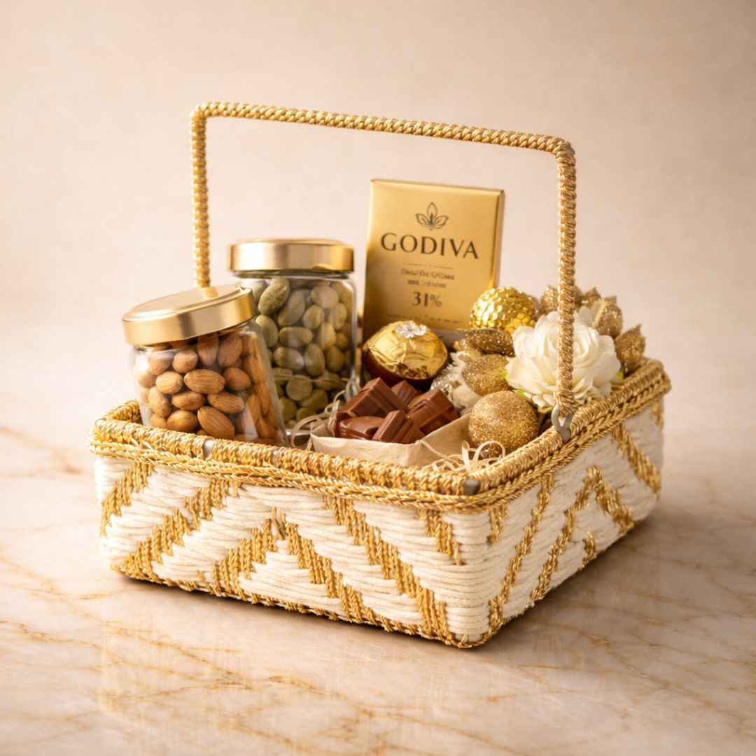 (Set of 3)Premium White & Gold Woven Handle – Luxury Gift Hamper & Trousseau Packing Basket