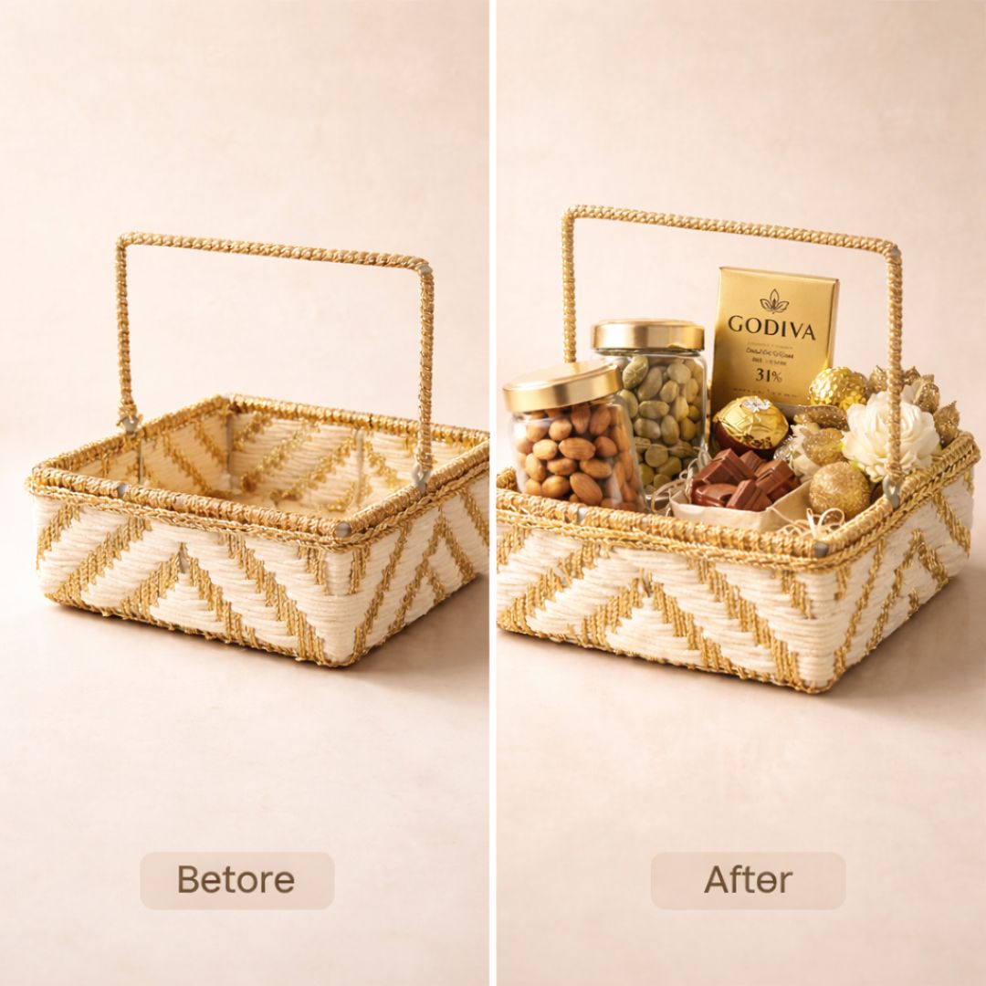 (Set of 3)Premium White & Gold Woven Handle – Luxury Gift Hamper & Trousseau Packing Basket