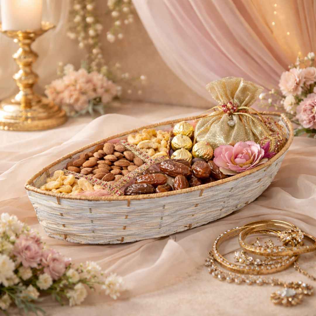 (Set of 3)Premium White Woven Boat Basket for Wedding Hampers & Trousseau Packing