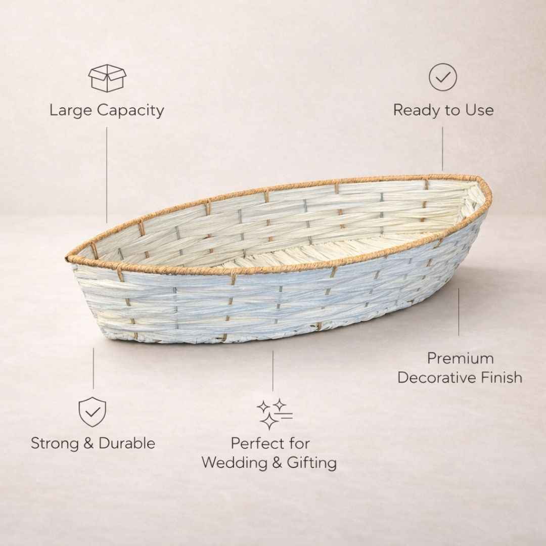 (Set of 3)Premium White Woven Boat Basket for Wedding Hampers & Trousseau Packing